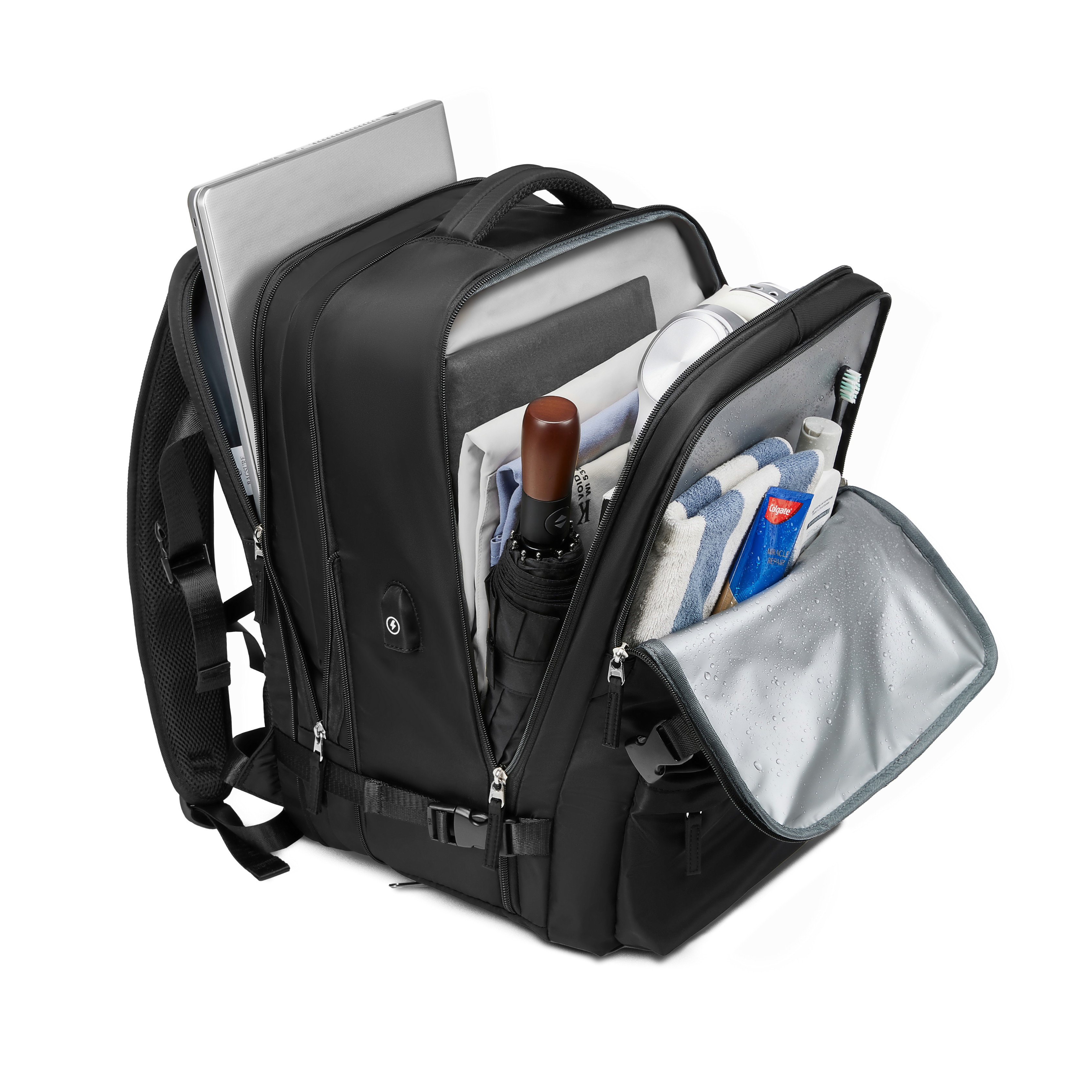 Mochila Xclusive Royal Backpack Negra expandible abierta con cosas adentro