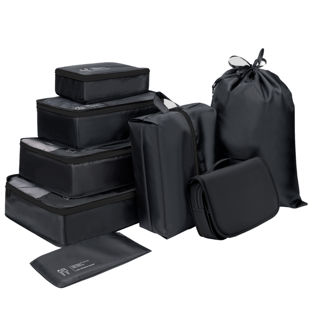 Pack de 8 bolsas organizadoras para maletas negro con neceser
