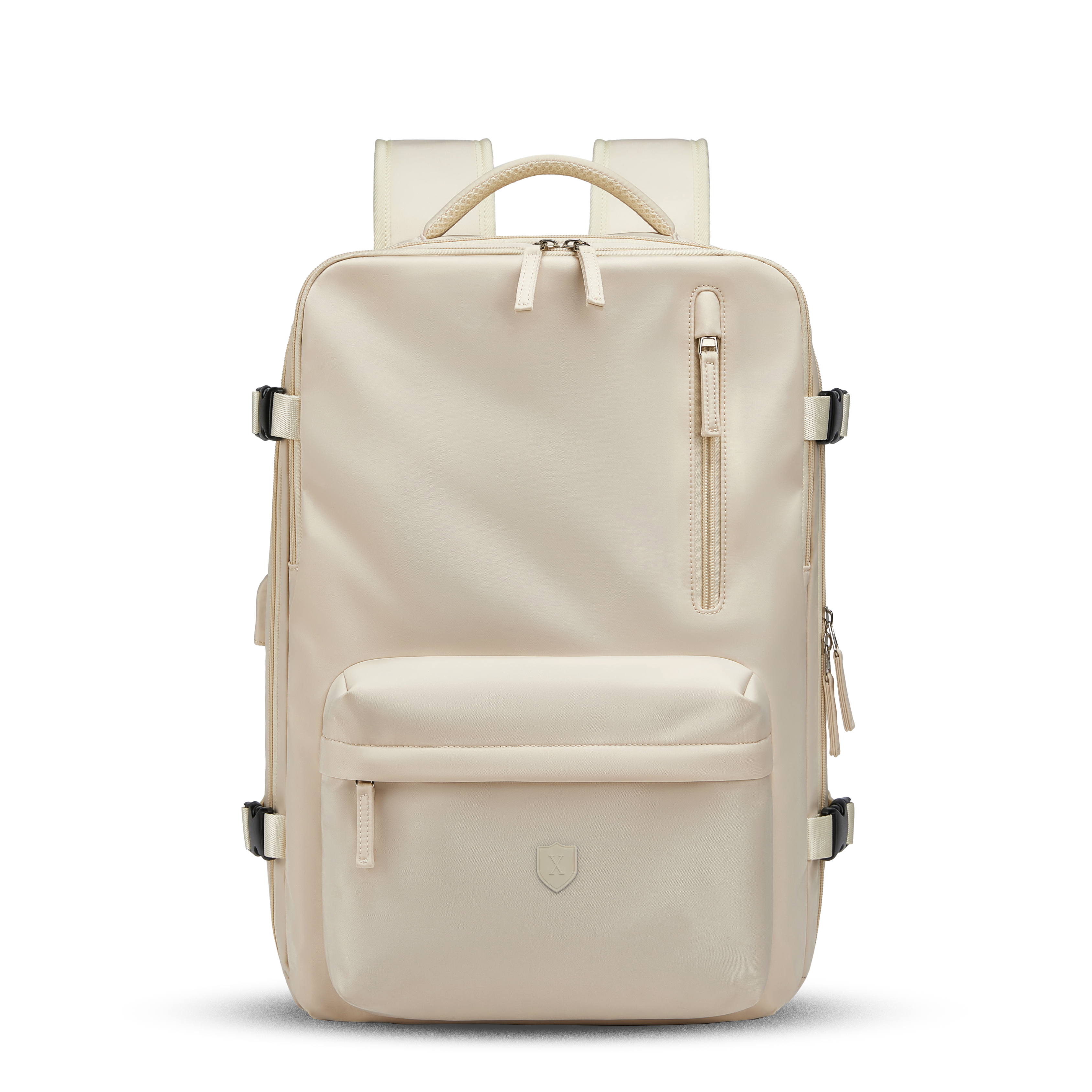 Mochila Xclusive Royal Backpack Blanca expandible desde el frente
