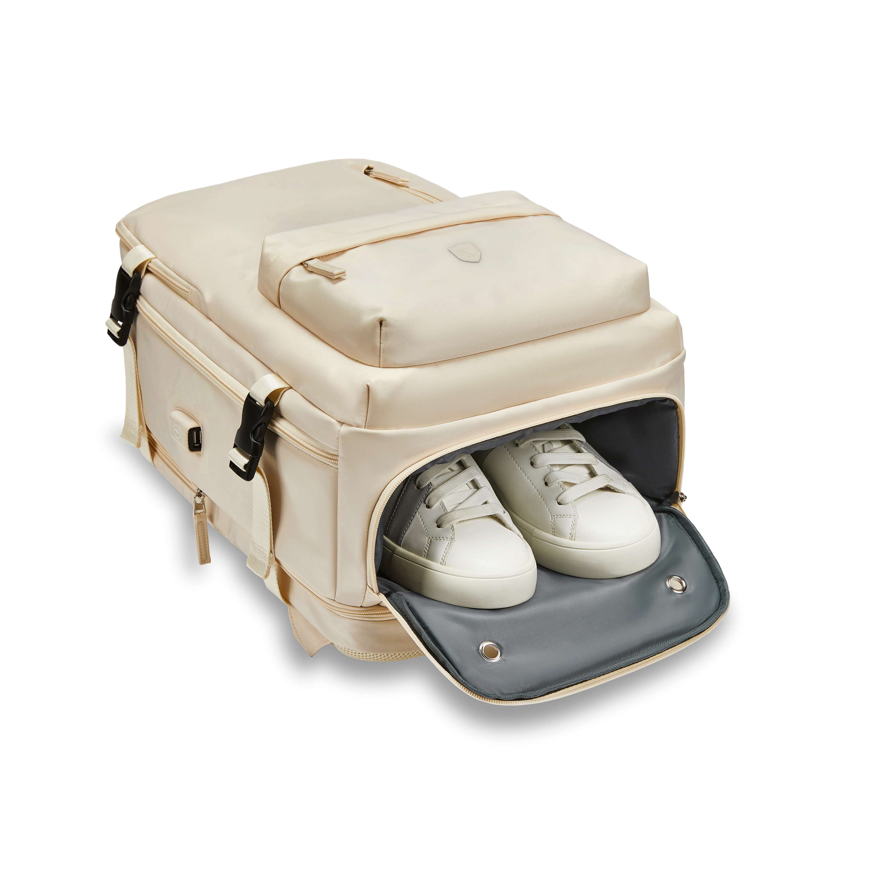 Mochila Xclusive Royal Backpack Blanca expandible con su compartimiento para zapatillas abierto