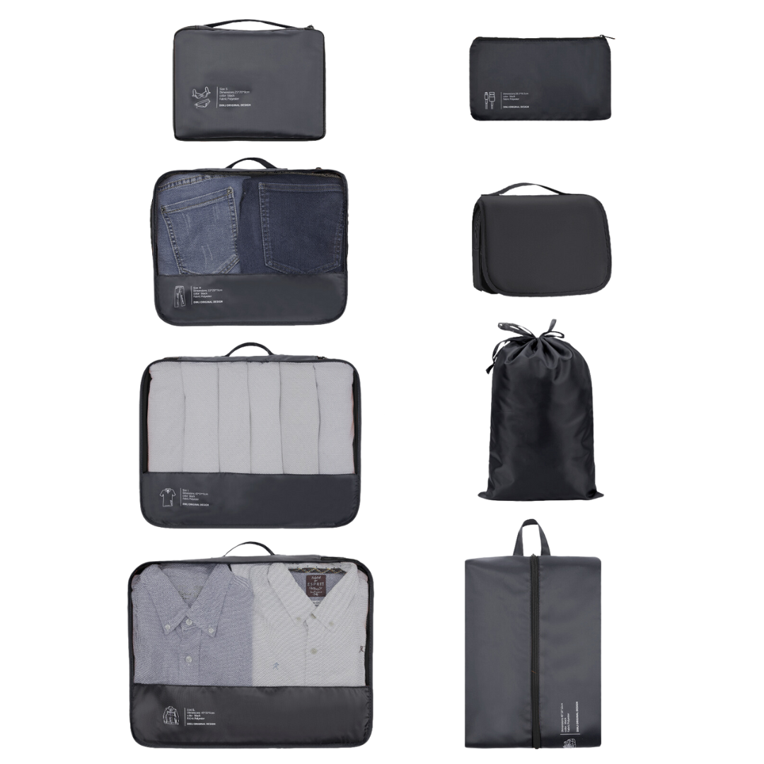 Pack de 8 bolsas organizadoras para maletas negro con neceser