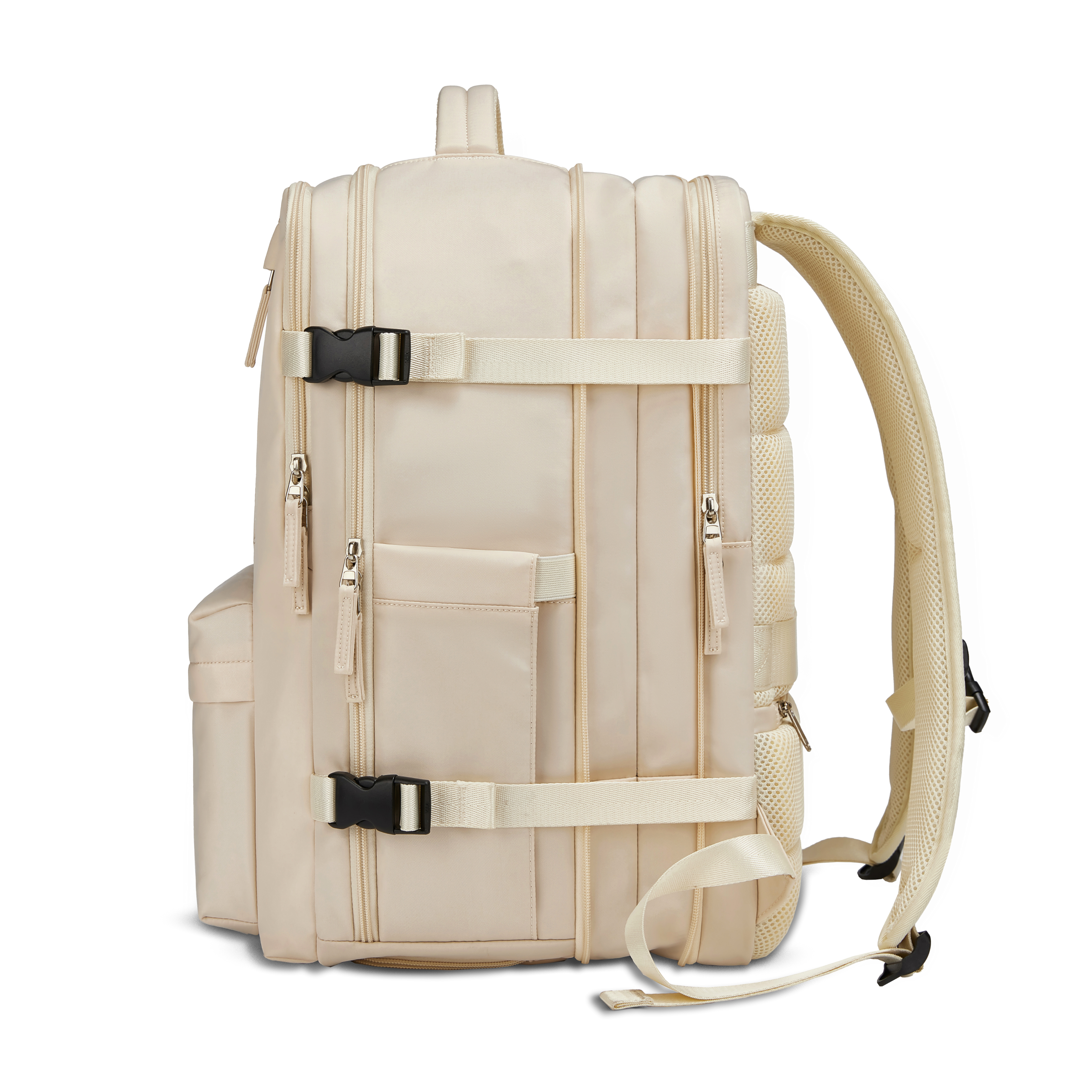 Mochila Xclusive Royal Backpack Blanca expandible expandida por el lado